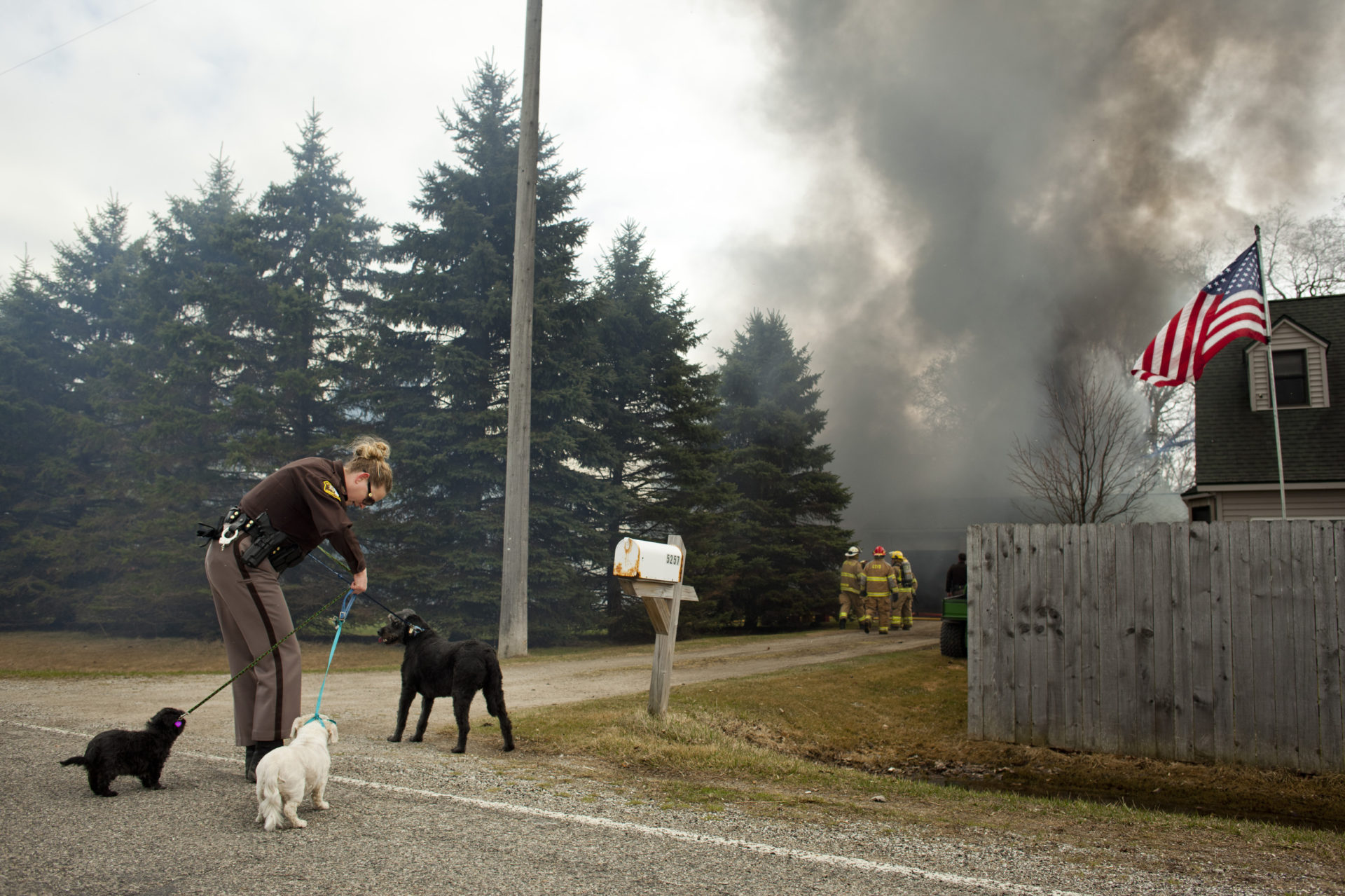 A house burns in the background as a police officer helps dogs