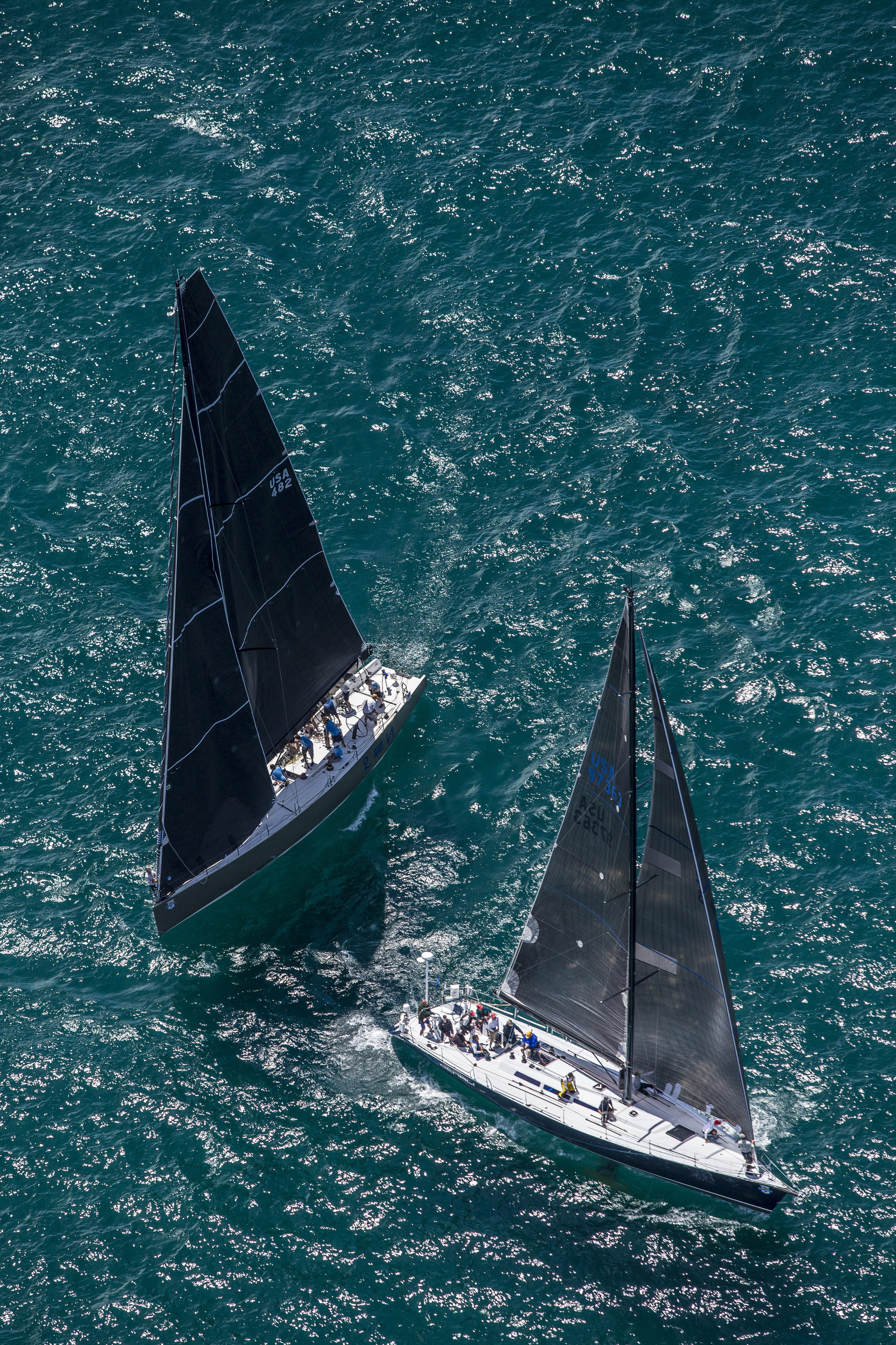An aerial view of sailboats